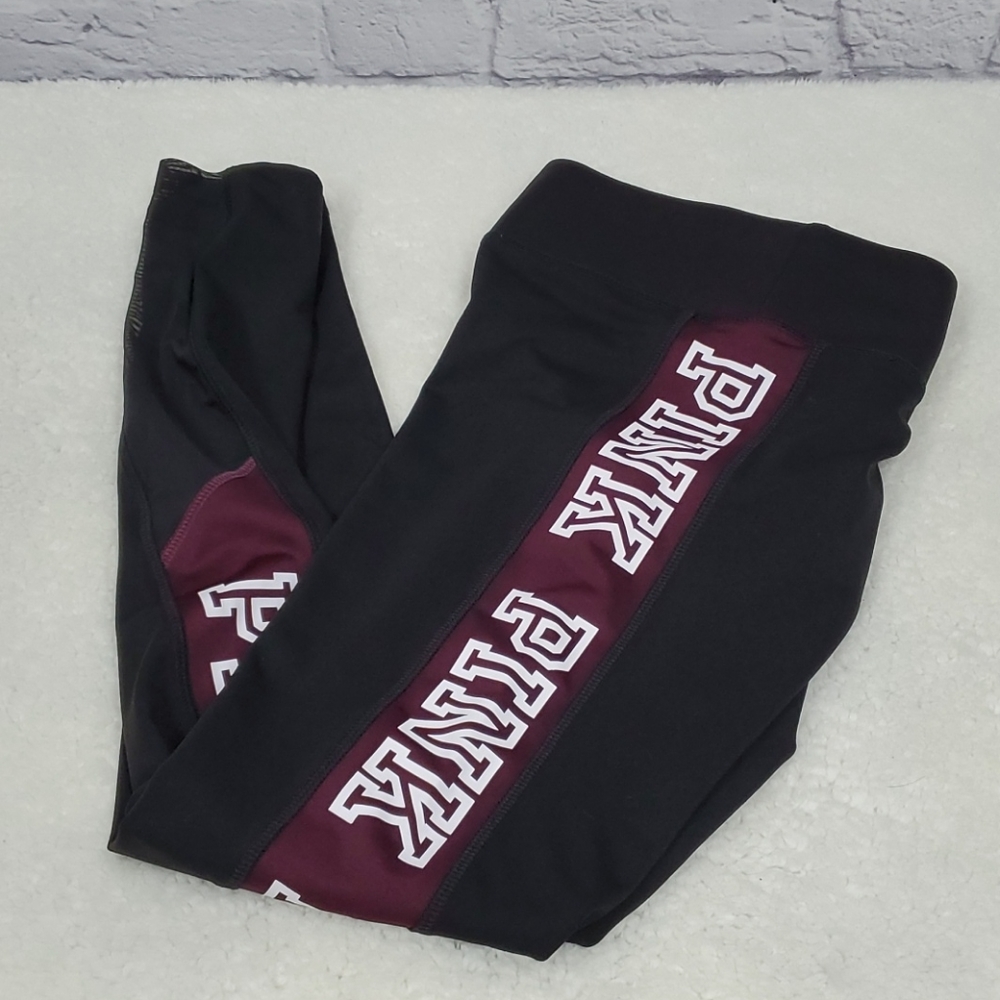 PINK Ultimate Logo Leggings Black/Maroon Sz Small